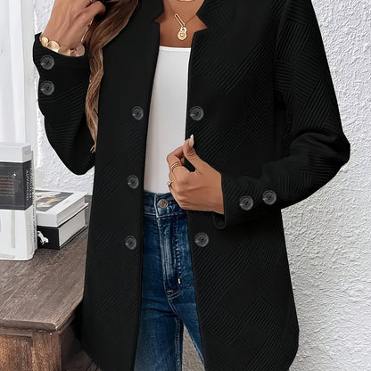Women's Casual Solid Color Double-Breasted Long Sleeve Jacket with Pockets, Polyester Knit Fabric, Open Front Collar - All Seasons, Allseason Jacket | Doublebreasted Jacket | Stylish Jacket