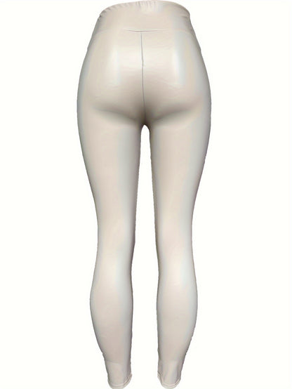 Solid Faux Leather Skinny Leggings, Vintage High Waist Slim Leggings, Women's Clothing