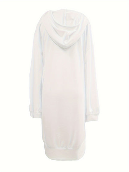 Solid Color Splited Hem Hooded Dress, Casual Long Sleeve Plunge Neck Dress For Fall & Wintern, Women's Clothing