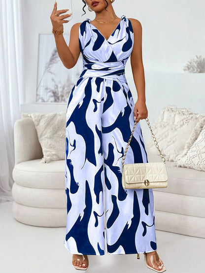 Elegant Women'S Fashion Jumpsuit, Geometric Pattern, Non-Stretch Polyester, 110g/m², Woven, Cross Strap Detail