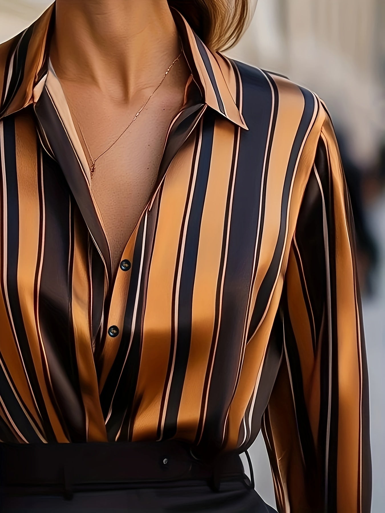 Elegant Special Women's Striped Shirt - Classic Collar Button-Up Blouse with Mustard & Black Stripes, Premium Fabric for Office & Casual Wear, Machine Washable Versatile Top, Smooth Texture Fabric