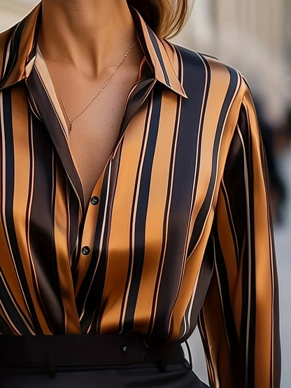 Elegant Special Women's Striped Shirt - Classic Collar Button-Up Blouse with Mustard & Black Stripes, Premium Fabric for Office & Casual Wear, Machine Washable Versatile Top, Smooth Texture Fabric