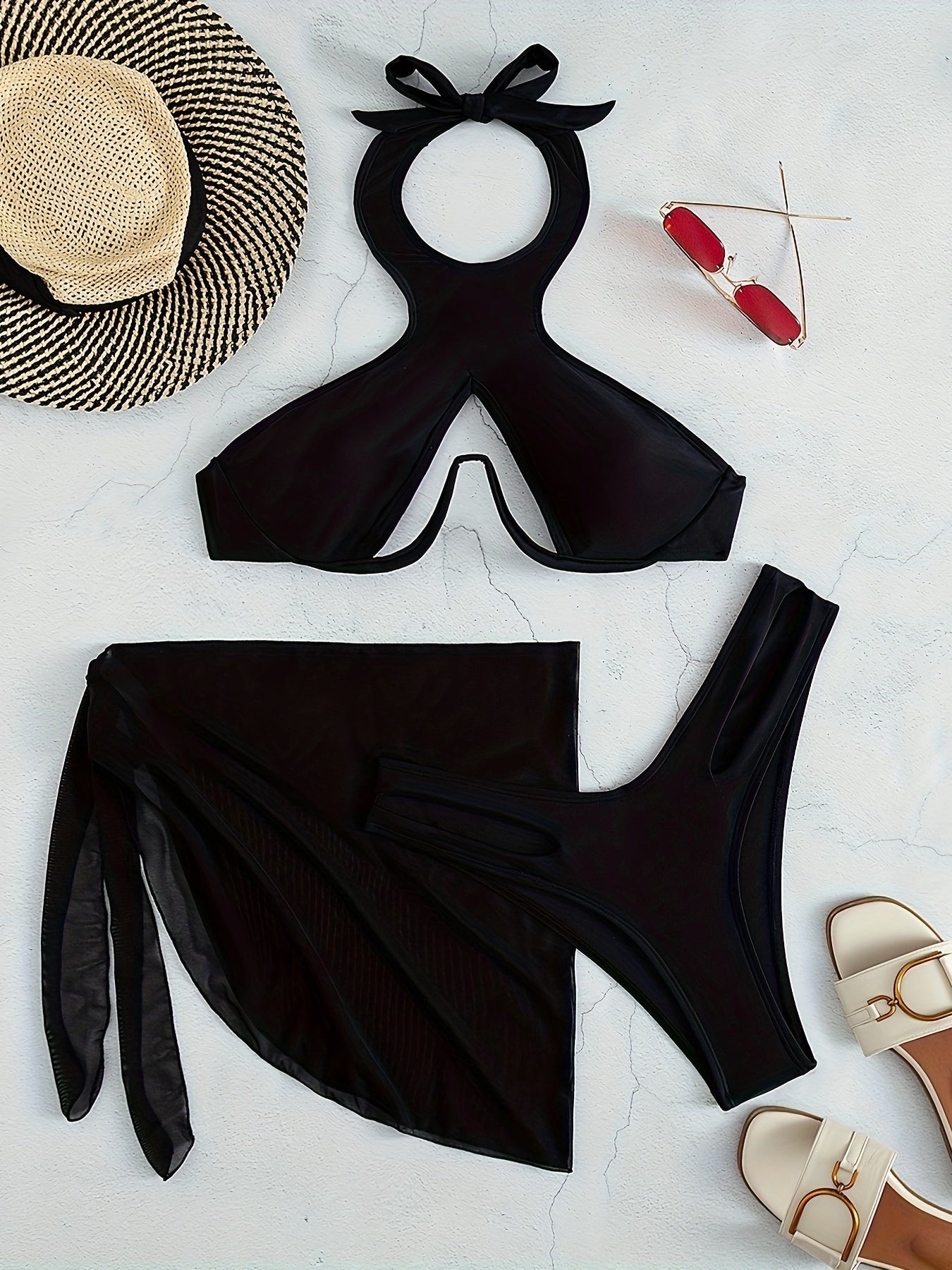 Solid Color 3 Piece Set Bikini, Halter Neck High Cut With Mesh Cover Up Skirt Swimsuits, Women's Swimwear & Clothing
