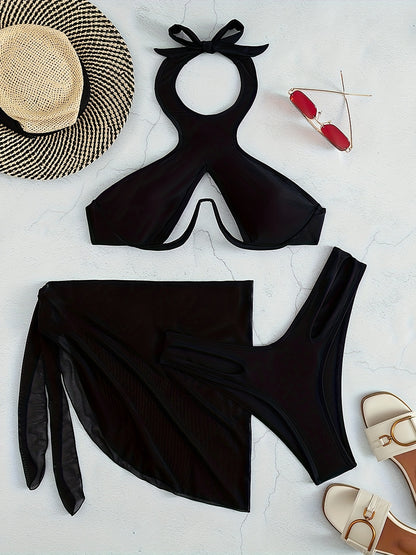 Solid Color 3 Piece Set Bikini, Halter Neck High Cut With Mesh Cover Up Skirt Swimsuits, Women's Swimwear & Clothing