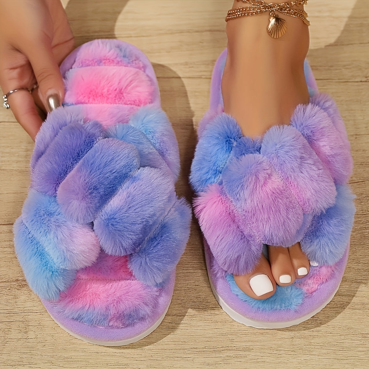Women's Plush Fluffy Cross Band Slippers - Anti-Slip Sole Comfy Home Indoor Shoes, Fabric-Lined Floor Slides for Autumn & Winter