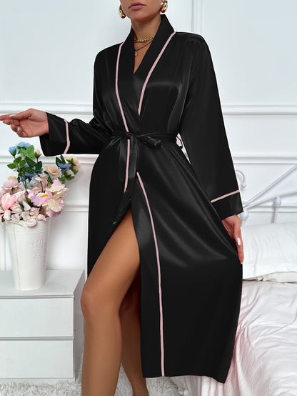 Women's Polyester Long Robe - Solid Color V-neck Sexy Dressing Gown, 100% Polyester Lightweight All-Season Woven Nightgown with Belt - Elegant Sleepwear