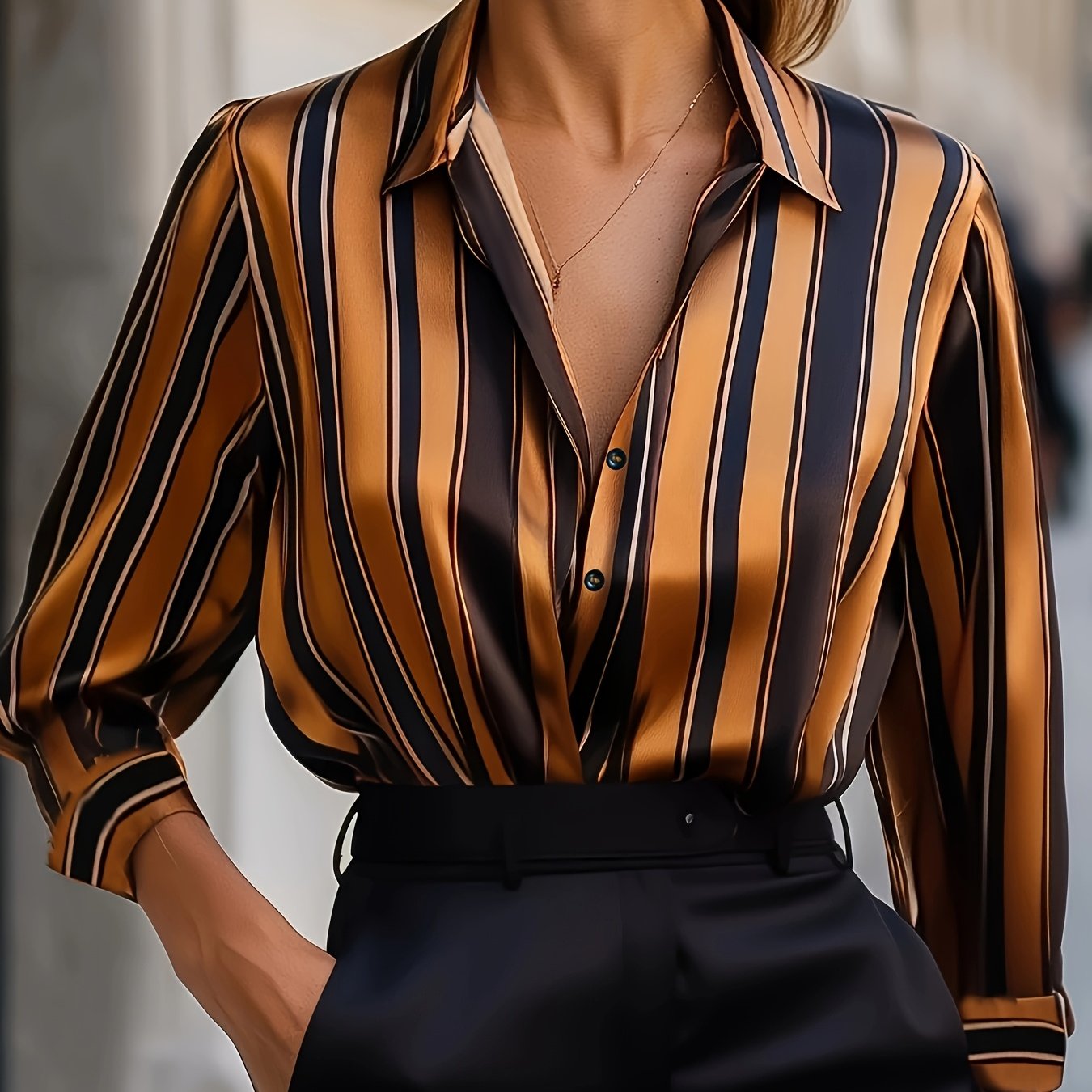 Elegant Special Women's Striped Shirt - Classic Collar Button-Up Blouse with Mustard & Black Stripes, Premium Fabric for Office & Casual Wear, Machine Washable Versatile Top, Smooth Texture Fabric