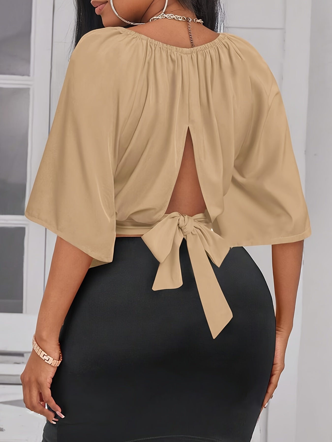 Solid Color Crew Neck Blouse, Elegant Short Sleeve Bow Back Split Blouse For Spring & Summer, Women's Clothing