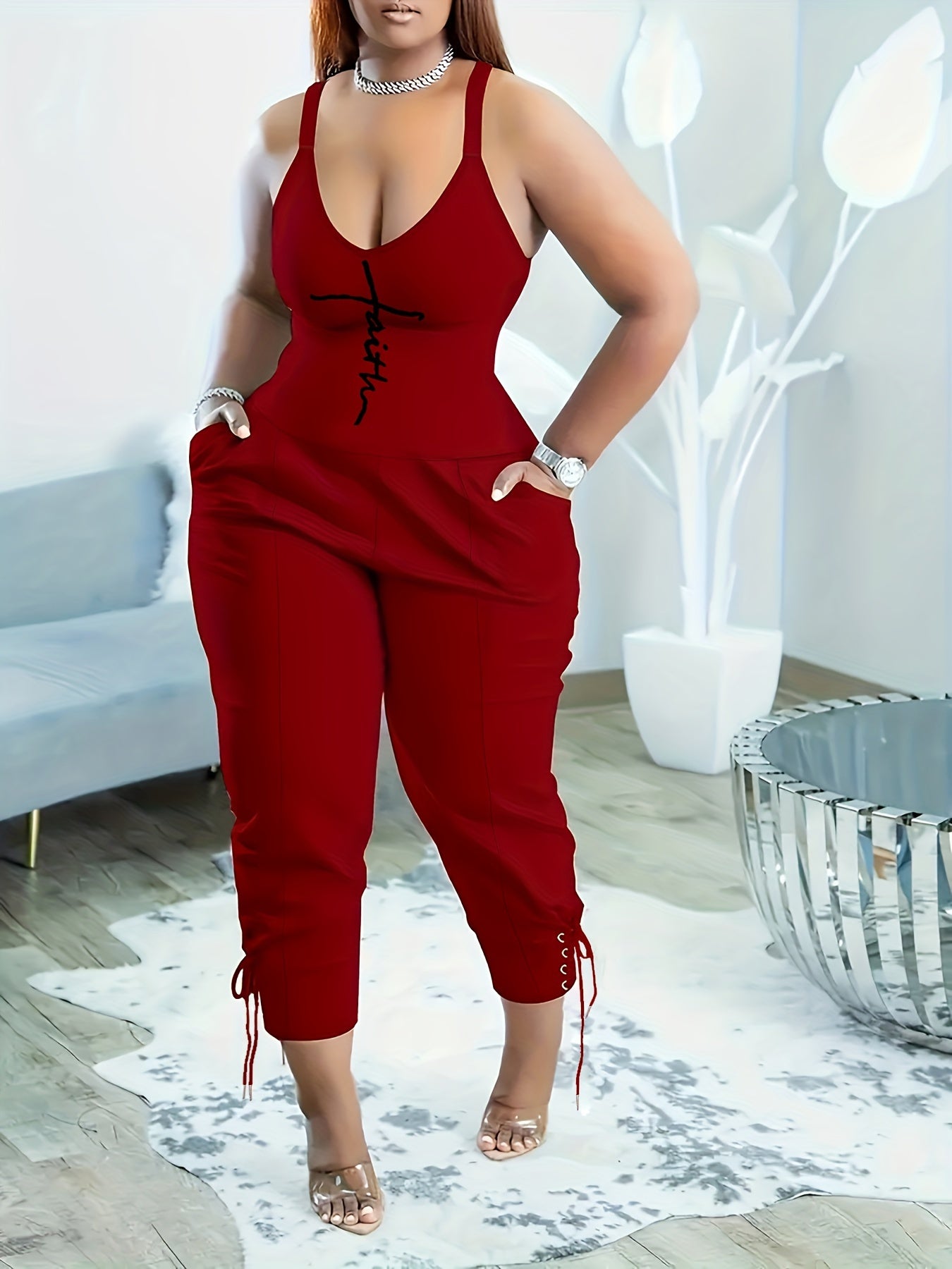 Chic Faith Print Spaghetti Strap Jumpsuit - Sleeveless and Breathable with Dual Pockets, Perfect for Spring & Summer Wear