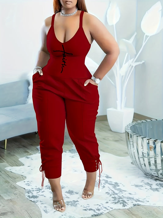Chic Faith Print Spaghetti Strap Jumpsuit - Sleeveless and Breathable with Dual Pockets, Perfect for Spring & Summer Wear