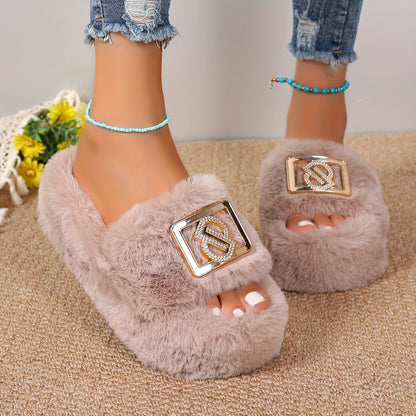 Women's Plush Slippers with Metallic Buckle - Thick Sole, Faux Furry Material, Black/Brown/Grey, Comfortable Indoor Shoes for All Seasons, House Slippers
