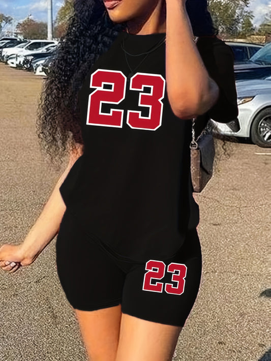 23 Number Print Two-Piece Outfit - Casual Short Sleeve T-Shirt & Biker Shorts Set - Comfortable, Relaxed Fit, Soft Fabric, Summer Essentials for Women