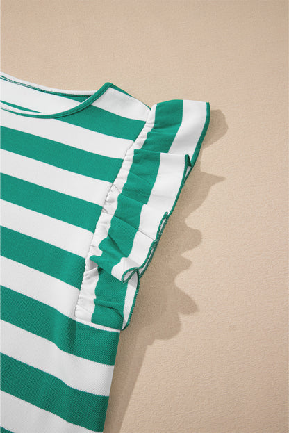 Green Stripe Flutter Sleeve Round Neck T Shirt