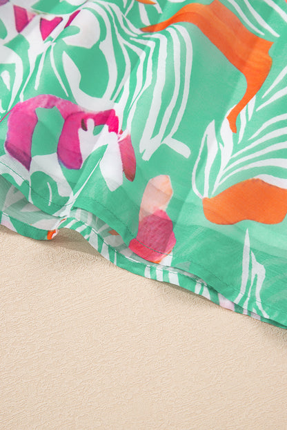 Green Tropical Boho Print Puff Sleeve Square Neck Loose Plus Blouse