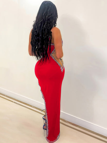 Solid Rhinestone Asymmetrical Sleeveless Dress, Sexy Off Shoulder Split Maxi Dress, Women's Clothing