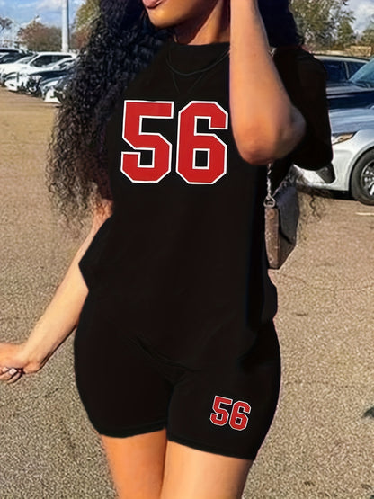 23 Number Print Two-Piece Outfit - Casual Short Sleeve T-Shirt & Biker Shorts Set - Comfortable, Relaxed Fit, Soft Fabric, Summer Essentials for Women