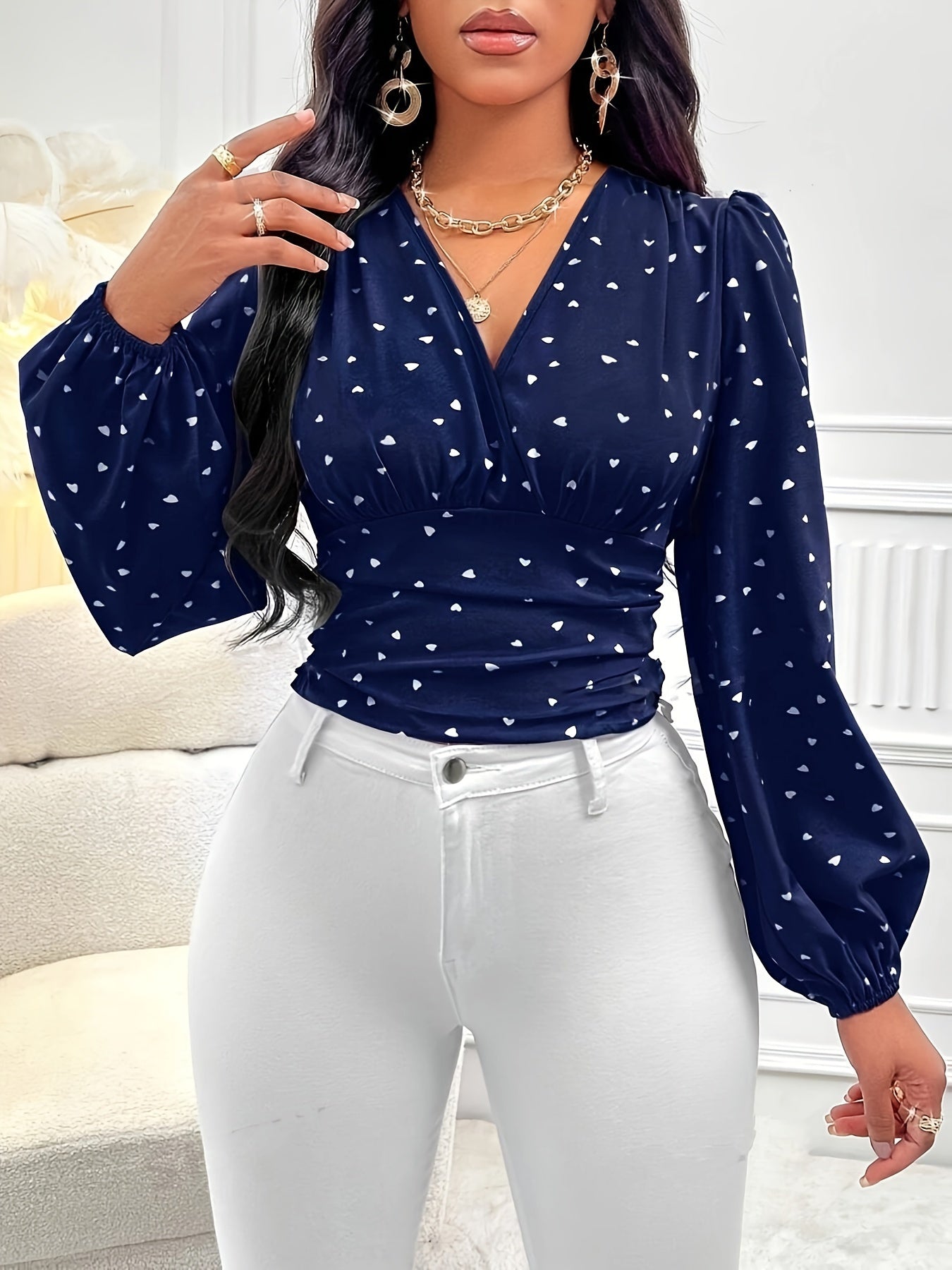 Allover Print V Neck Blouse, Elegant Long Sleeve Shirred Top For Spring & Fall, Women's Clothing