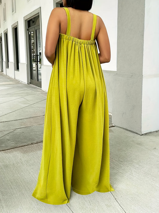 Solid Color Wide Leg Jumpsuit, Casual Pintuck Sleeveless Tank Jumpsuit For Spring & Summer, Women's Clothing