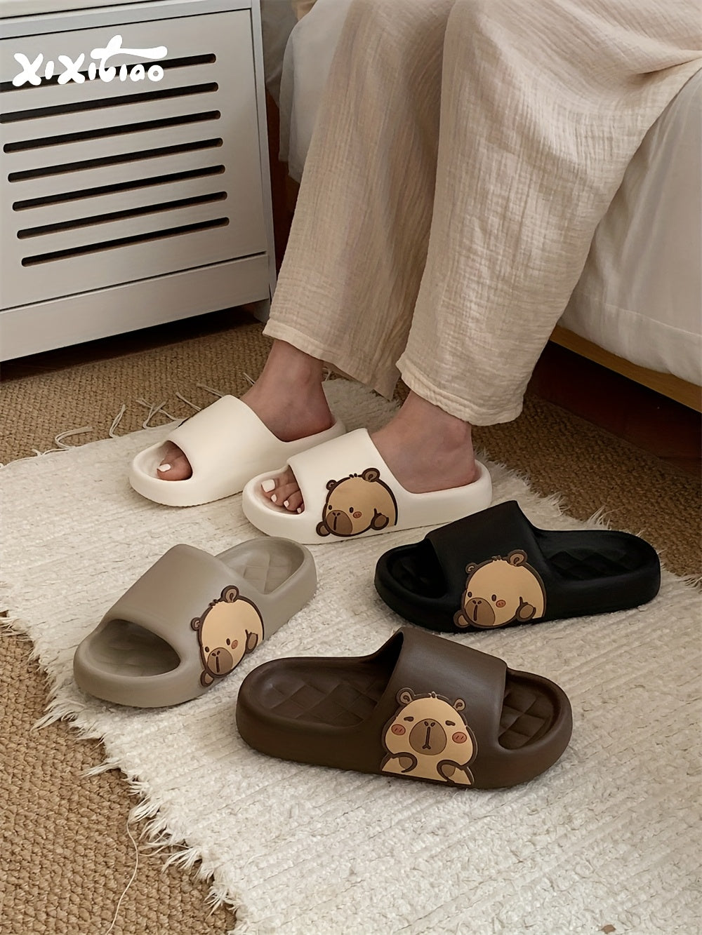 XIXITIAO Cute Cartoon Bear EVA Slides for Men & Women - Non-Slip Summer Slippers, White with Adorable Brown Bear Design, Lightweight & Comfortable for Indoor/Outdoor Use, Casual Wear | Playful Design | Slipresistant Sole, Bea