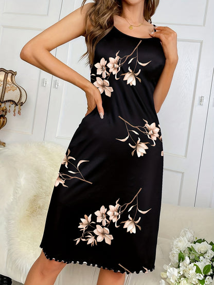 Elegant Floral Print Slip Nightgown for Women - Polyester and Elastane Knitted Fabric, Spaghetti Strap Sleeveless Sleepwear, All-Season Comfort, Scalloped Hem Sleepshirt