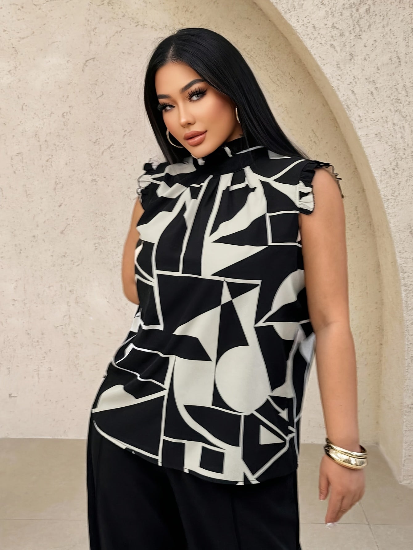 Plus Size - Plus Size - Elegant High Neck Geometric Print Blouse for Women - Sleeveless Summer Top with Asymmetrical Hem, Black & White Design, Non-Stretch Fabric, Perfect for Casual or Stylish Outfits, Summer Fashion | Asymm