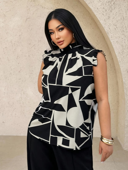 Plus Size - Plus Size - Elegant High Neck Geometric Print Blouse for Women - Sleeveless Summer Top with Asymmetrical Hem, Black & White Design, Non-Stretch Fabric, Perfect for Casual or Stylish Outfits, Summer Fashion | Asymm