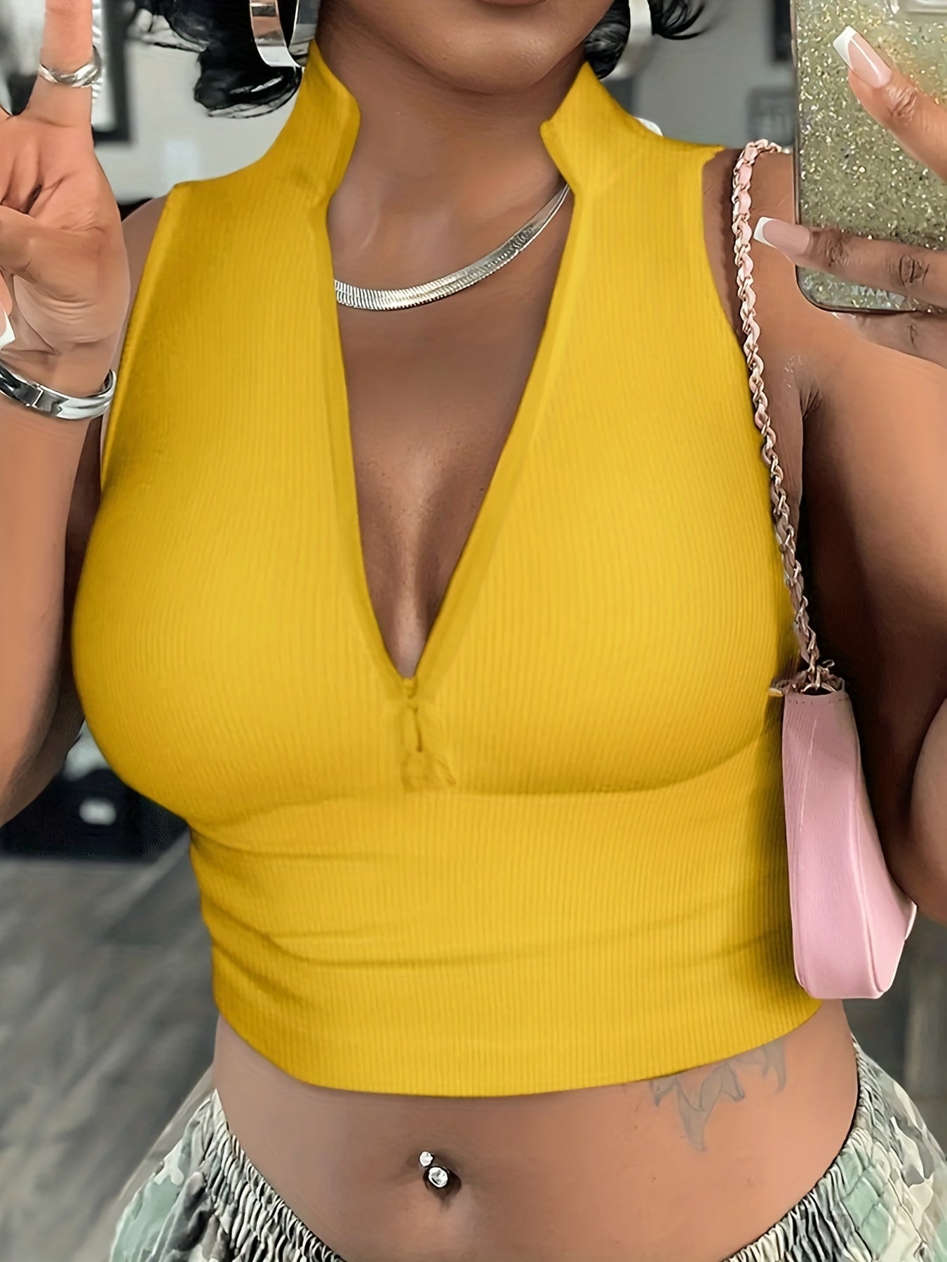 Ribbed Zip Decor Crop Top, Casual Solid Plunging Neck Tank Top For Summer, Women's Clothing