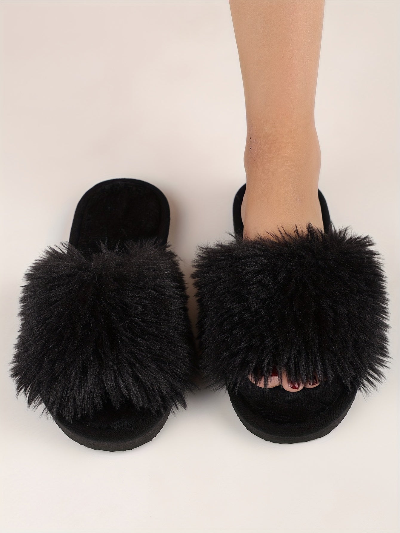 Elegant Women's Faux Fur Slippers - Winter Plush Open Toe Slip-On House Slippers with EVA Sole - Solid Color Fluffy Indoor Cotton Slides - Cixi Production Area