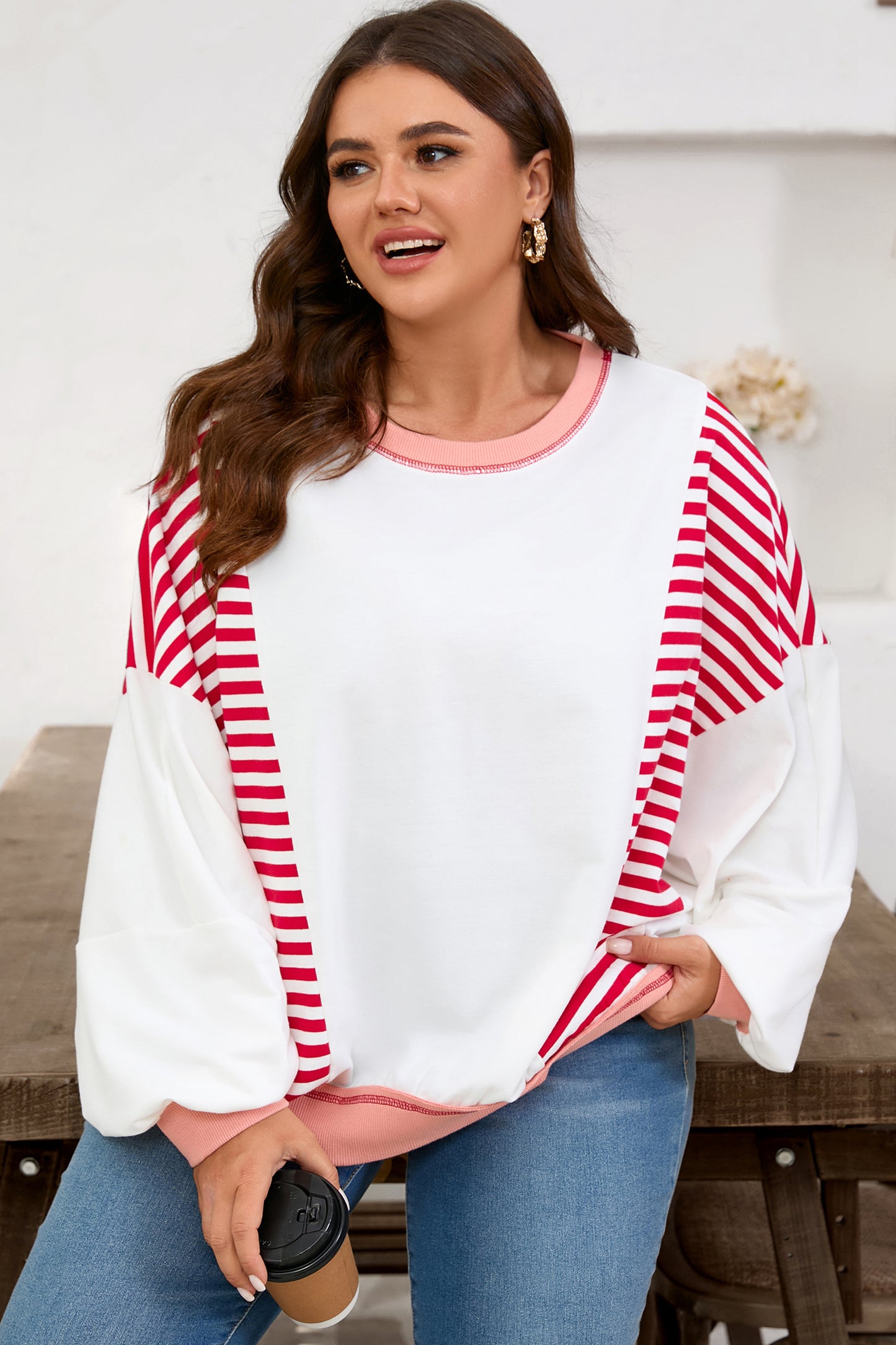 Red Stripe Color Block Patchwork Seam Detail Plus Size Sweatshirt