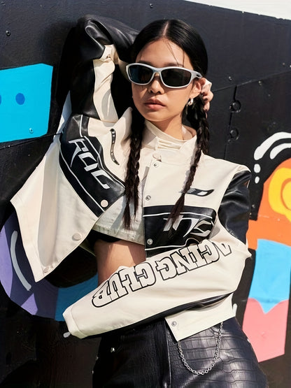 Stylish Faux Leather Long Sleeve Crop Jacket with Letter Print Button Front - Women's Fashion Outerwear for Chic Look - Faux Leather