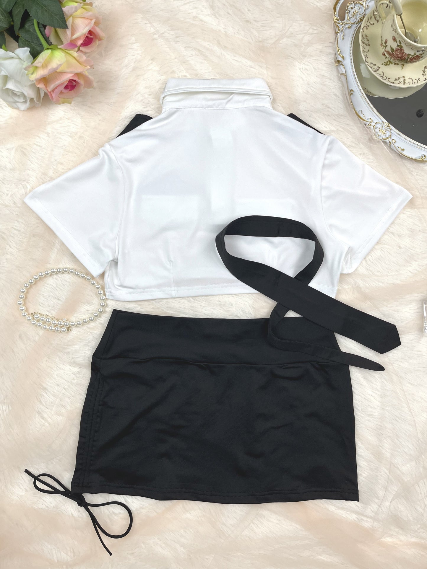 Naughty Policewoman Cosplay Costume, Short Sleeve Buttons Lapel Collar Crop Top & Side Tie Ruched Mini Skirt, Women's Sexy Lingerie & Underwear