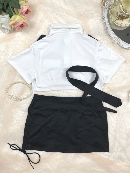 Naughty Policewoman Cosplay Costume, Short Sleeve Buttons Lapel Collar Crop Top & Side Tie Ruched Mini Skirt, Women's Sexy Lingerie & Underwear