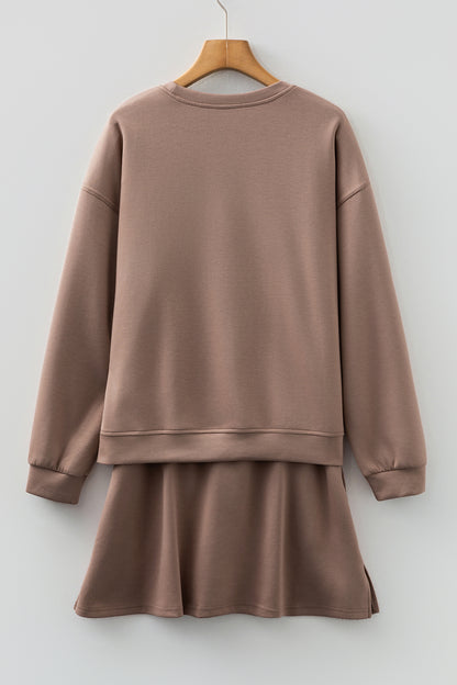 Coffee Solid Color Drop Shoulder Pullover Drawstring Mini Skirt 2pcs Outfit