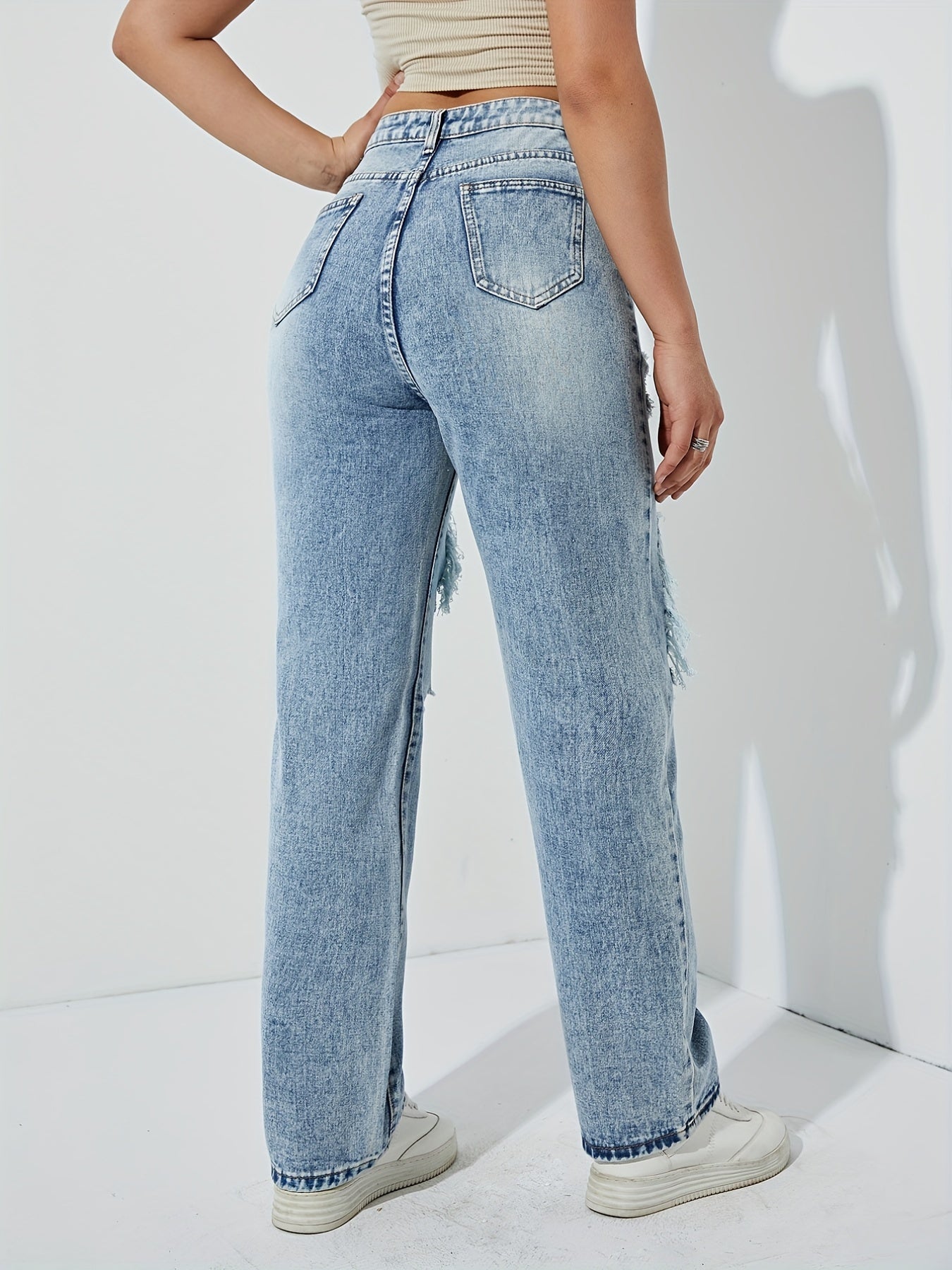 Blue Ripped Holes Straight Jeans, Distressed Slant Pockets Boyfriend Jeans, Women's Denim Jeans & Clothing
