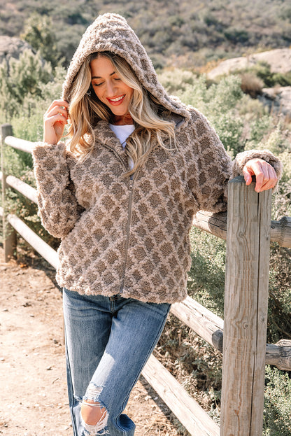 Chestnut Sherpa Rhombus Zip Up Side Pocket Hooded Jacket