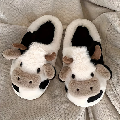 1 Pair Elegant Cartoon Cow Print Slippers for Women, Cozy Indoor House Shoes, Non-Slip TPR Sole, All-Season Warmth, Fabric Upper/Inner/Insole, Positioning Printing Design