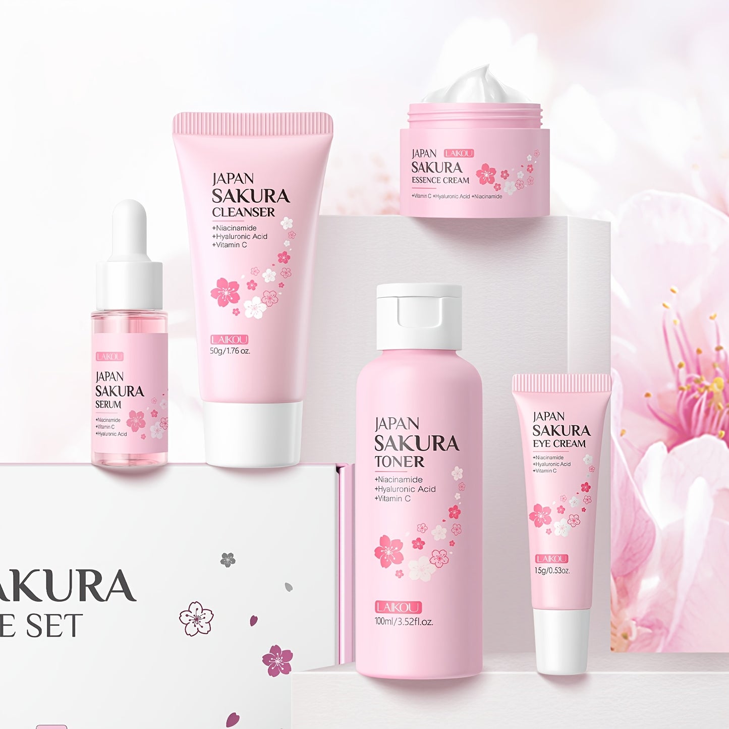 LAIKOU Cherry Blossom Five-Piece Set Gift Box Moisturizing & Hydrating Skincare Essence Cream, Face Care Kit, Gentle Cleanser, Toner, Eye Cream, Mask, Body Wash, Body Scrub, Body Lotion, Hand Cream, Lip Balm, Suitable for All