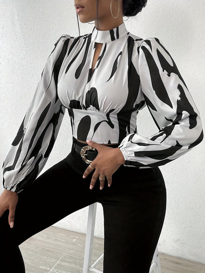 Graphic Print Mock Neck Crop Blouse, Elegant Long Sleeve Cut Out Shirred Blouse, Women's Clothing