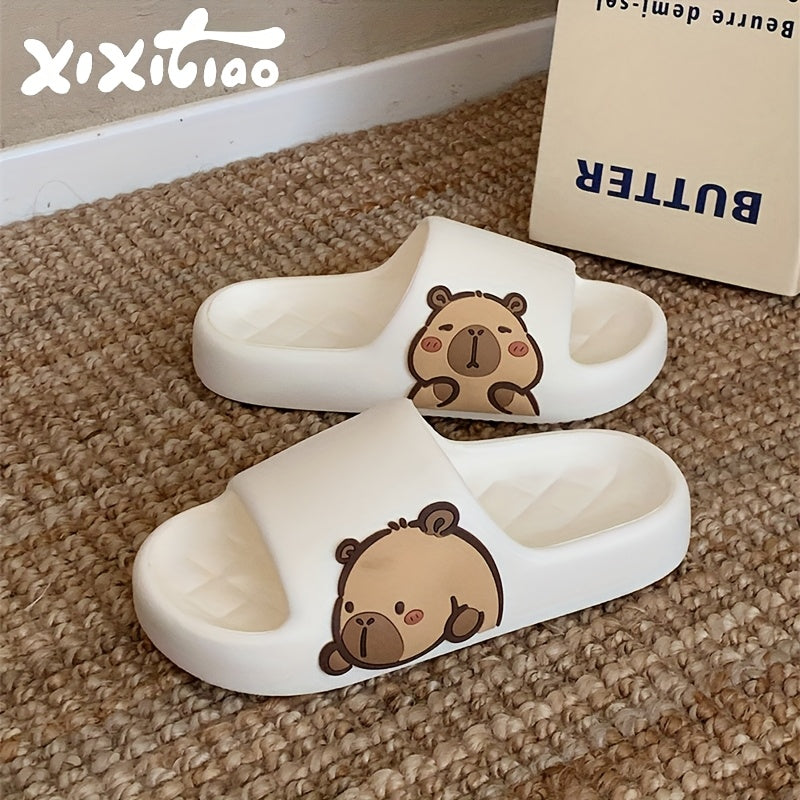 XIXITIAO Cute Cartoon Bear EVA Slides for Men & Women - Non-Slip Summer Slippers, White with Adorable Brown Bear Design, Lightweight & Comfortable for Indoor/Outdoor Use, Casual Wear | Playful Design | Slipresistant Sole, Bea
