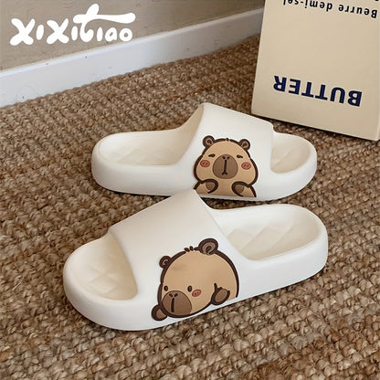 XIXITIAO Cute Cartoon Bear EVA Slides for Men & Women - Non-Slip Summer Slippers, White with Adorable Brown Bear Design, Lightweight & Comfortable for Indoor/Outdoor Use, Casual Wear | Playful Design | Slipresistant Sole, Bea