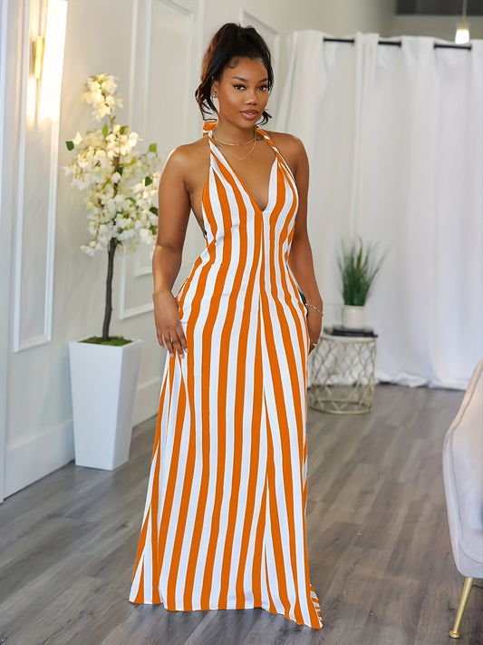 Vibrant Striped Halter Dress - Flattering V-Neck, Daring Backless Design, Chic Halter Neck Style, Perfect for Warm Weather - Womens Fashion Apparel, Stylish Clothing for Ladies, Spring and Summer Essential
