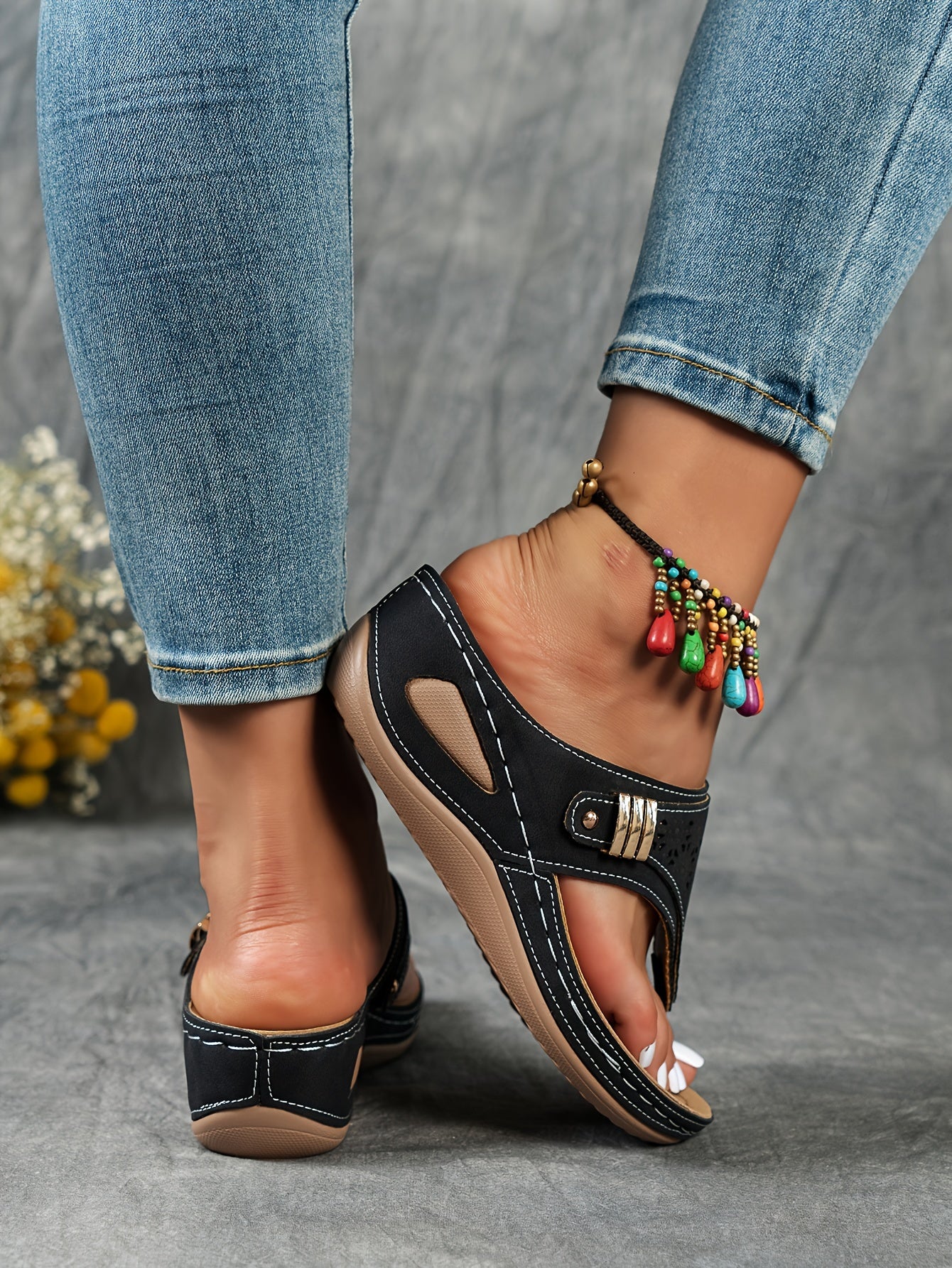 Stylish Cut-Out Thong Sandals - Soft Metallic Platform Wedge, Comfortable Beach Slides with Adjustable Straps, Vacation Essentials for Women