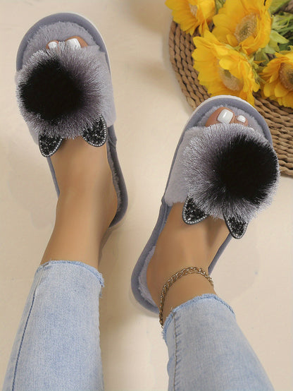 [Cute Slippers] Soft Women's Slip-On Slippers | All-Season Indoor House Shoes with Plush Faux Fur Trim & Sparkling Embellishments - Cute Slippers, Loungewear Essentials, Playful Design, Durable EVA Sole