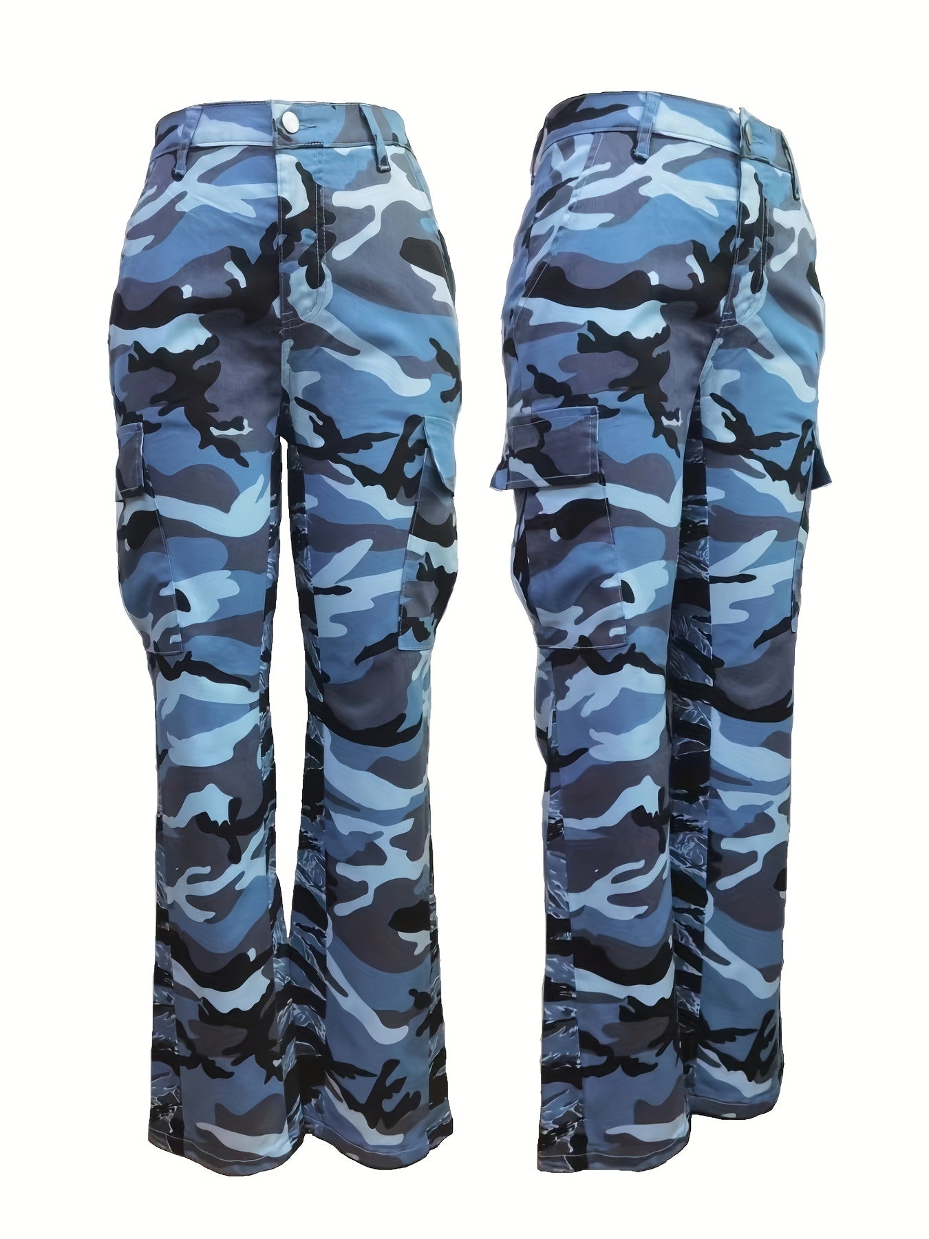 Fashionable High Waist Camouflage Cargo Jeans - Sleek Straight Fit with Medium Stretch & Stylish Flap Pockets - Trendy High Rise Denim Pants for Women