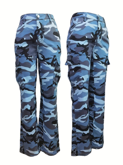 Fashionable High Waist Camouflage Cargo Jeans - Sleek Straight Fit with Medium Stretch & Stylish Flap Pockets - Trendy High Rise Denim Pants for Women