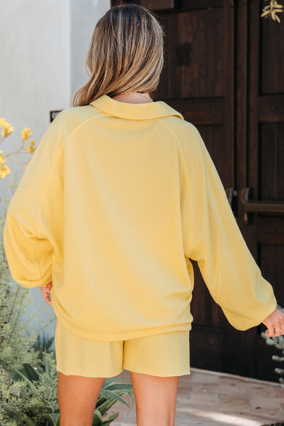 Yellow Cream Button Collar Drop Shoulder Pullover and Shorts 2pcs Outfit