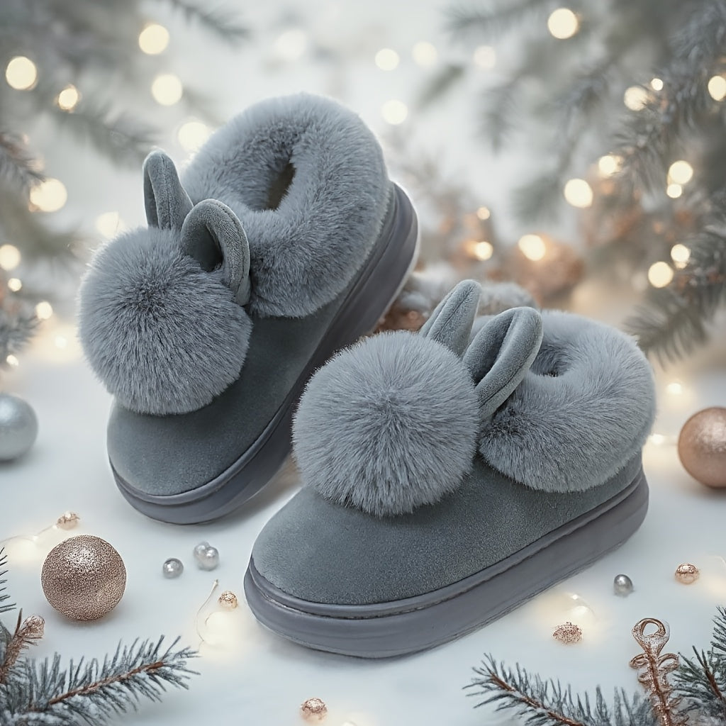 2025 Couples Slippers for Women & Men - Winter Warm Single Ball Design with Cute Rabbit-Ear Accents | Thick Sole Soft-Sole House Shoes | Cozy Solid-Color Indoor/Outdoor Slides | Lightweight Quiet Home Footwear