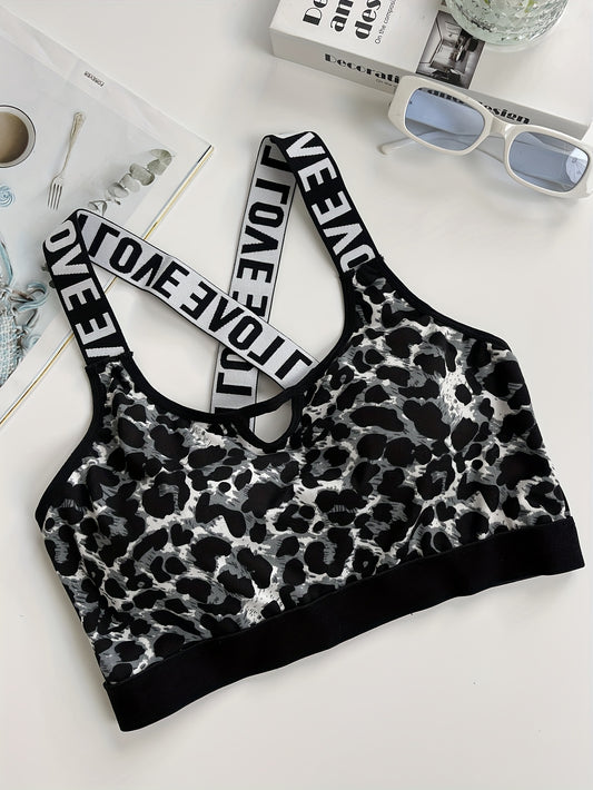 Women's Leopard Print Sports Bra, Athletic Supportive Crop Top, Breathable Gym Workout Underwear with Elastic "LOVE" Strap