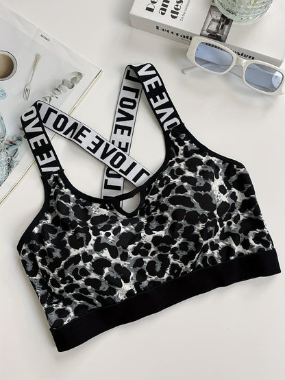 Women's Leopard Print Sports Bra, Athletic Supportive Crop Top, Breathable Gym Workout Underwear with Elastic "LOVE" Strap