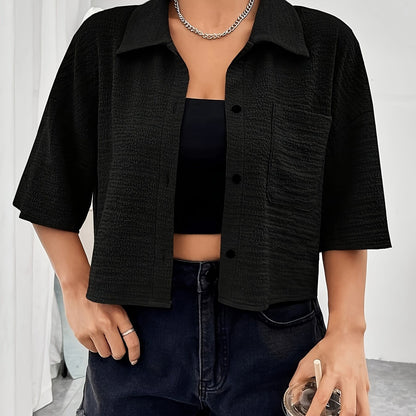 Button Front Crop Blouse, Casual Short Sleeve Blouse For Spring & Summer, Women's Clothing